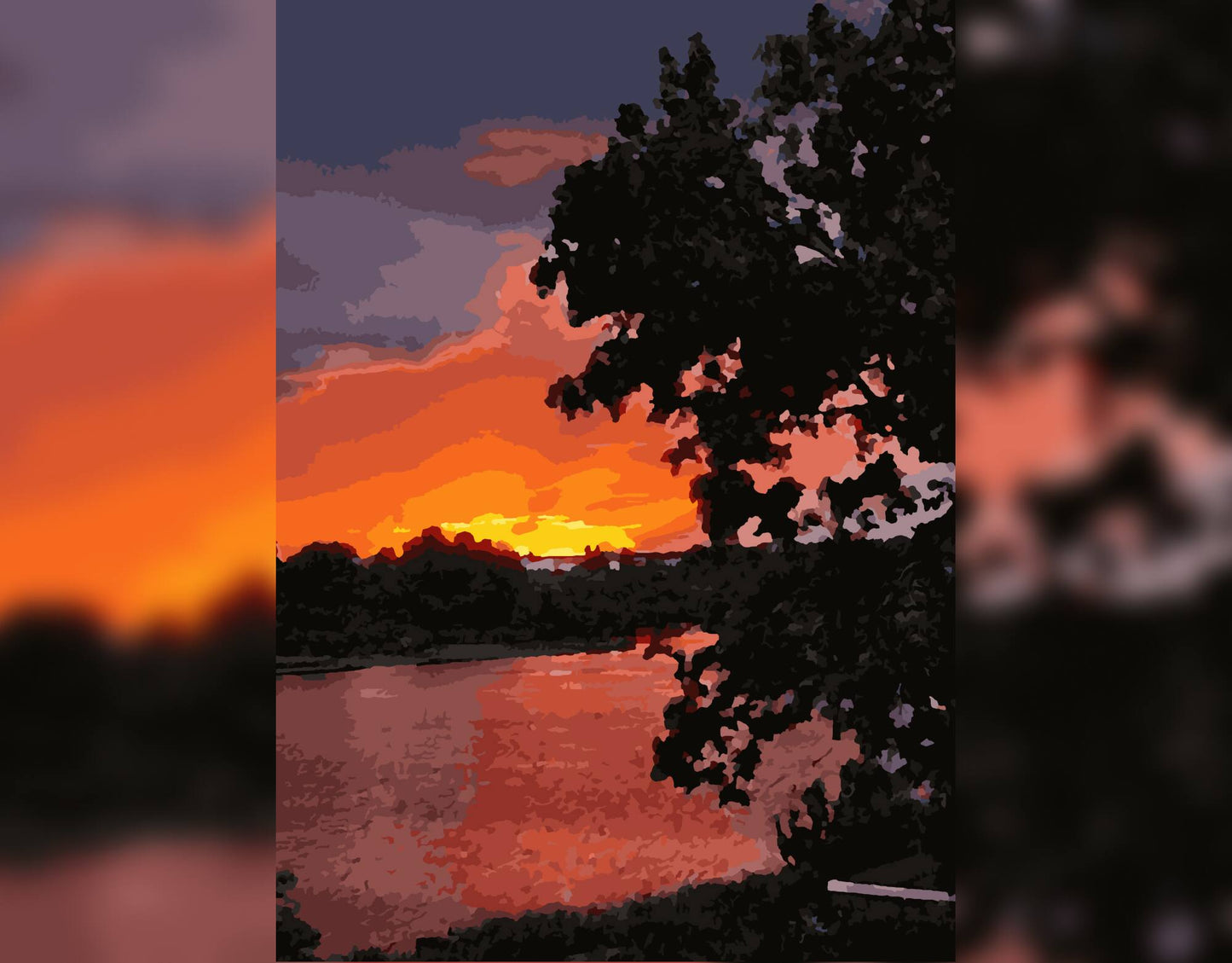 Digital painting by numbers, sunset, lake
