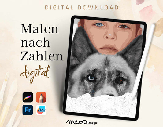 Digital painting by numbers, child with husky