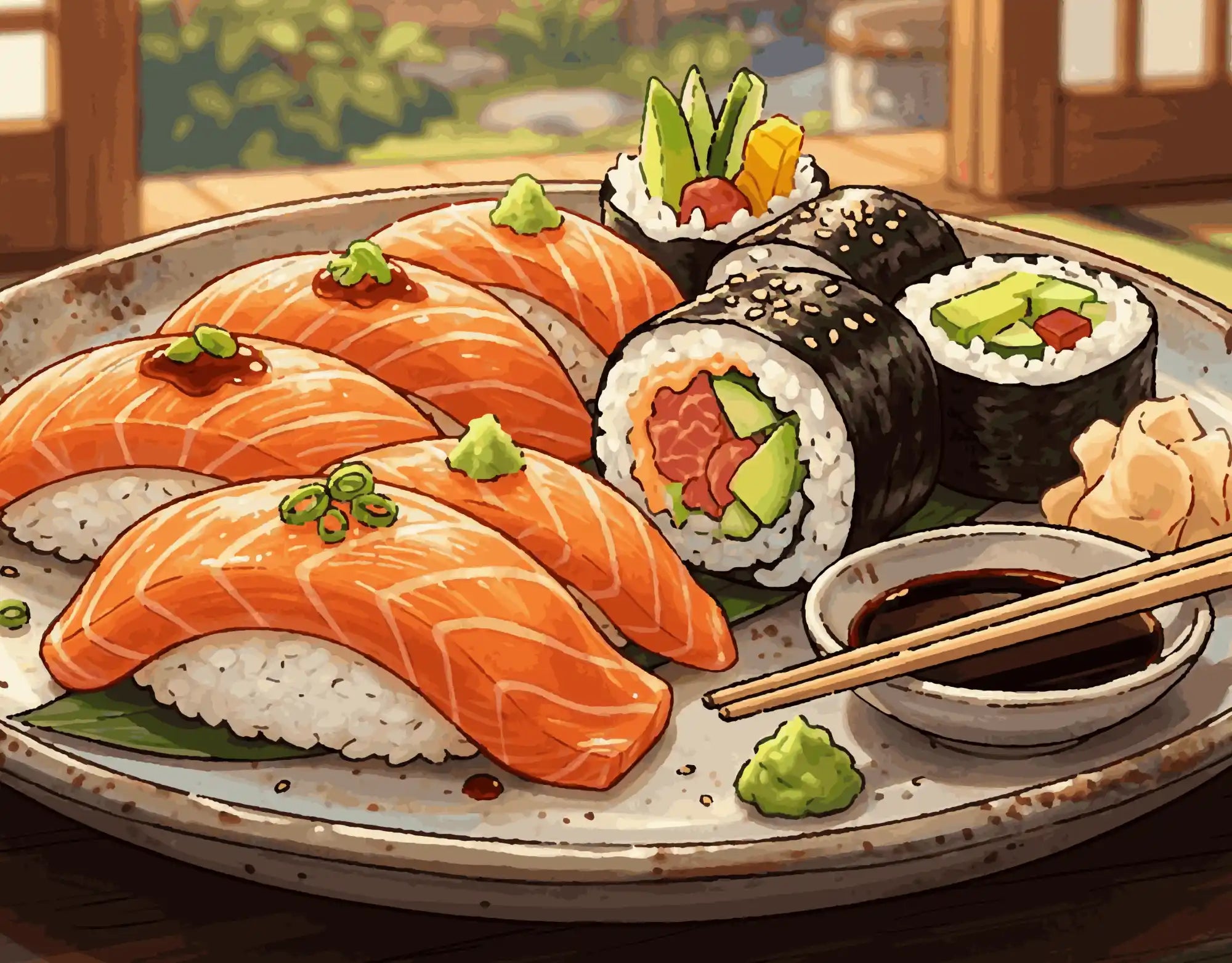 Sushi-Abend im Sonnenlicht